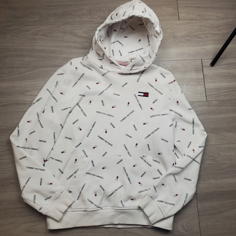 Tommy Hilfiger Denim Hoodie All Over Logo Diagonal Size M Cotton Blend White